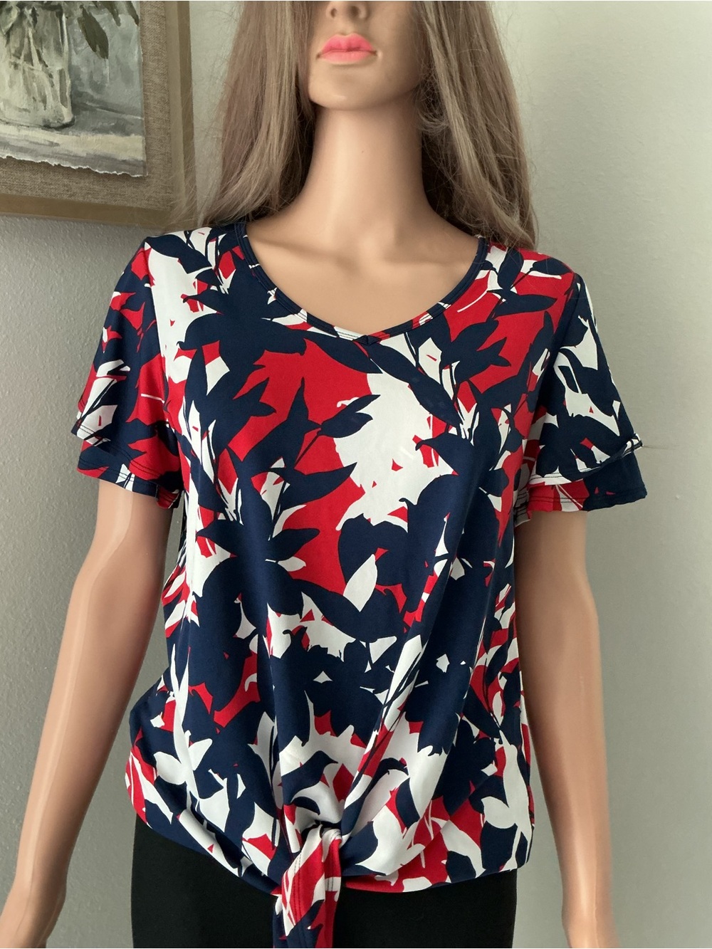 Passport Red, White & Navy Abstract Tie-Front V-Neck Top - Picture 2 of 9